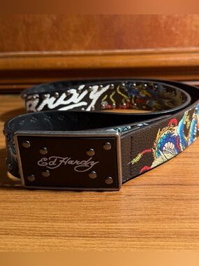 Ed Hardy Dragon Tattoo Print Studded Belt Black Plaque Buckle Size 34 Y2K